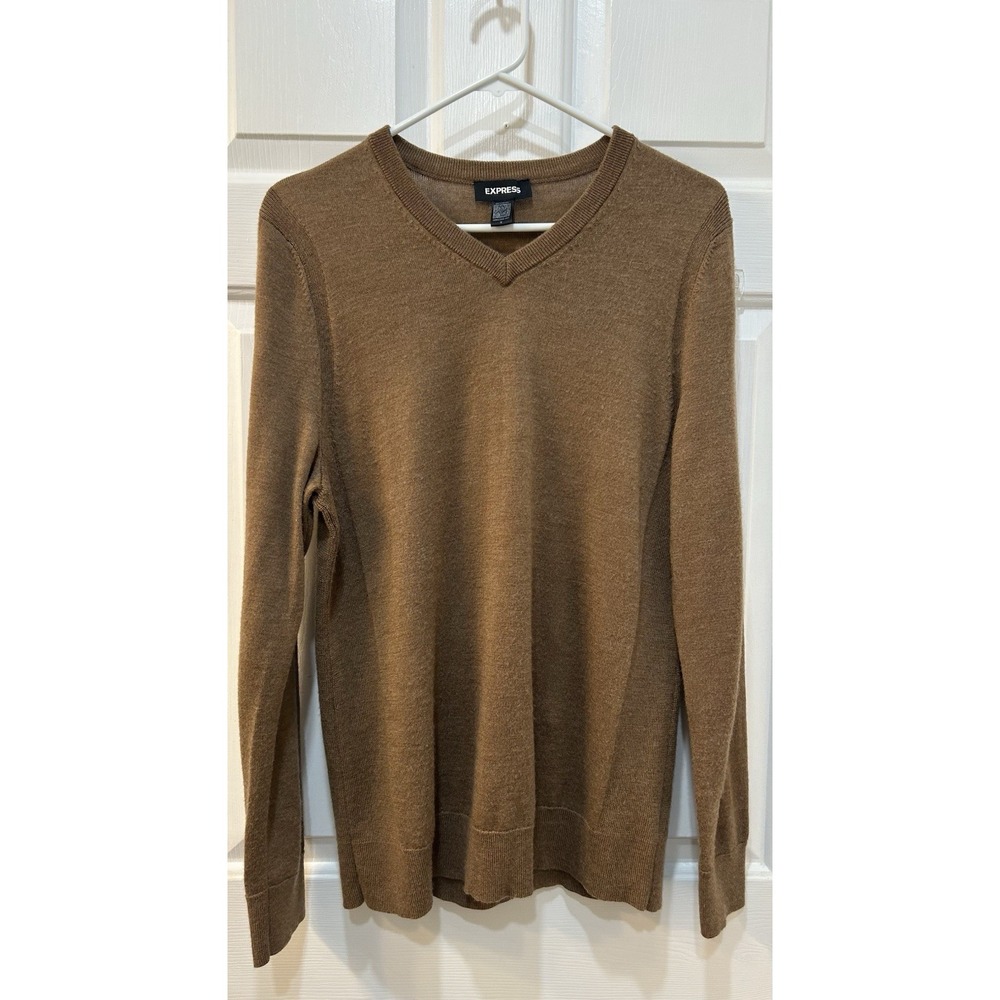 Express Men's 100% Merino Wool Knit Sweater M Brown Solid V-Neck Pullover 90's